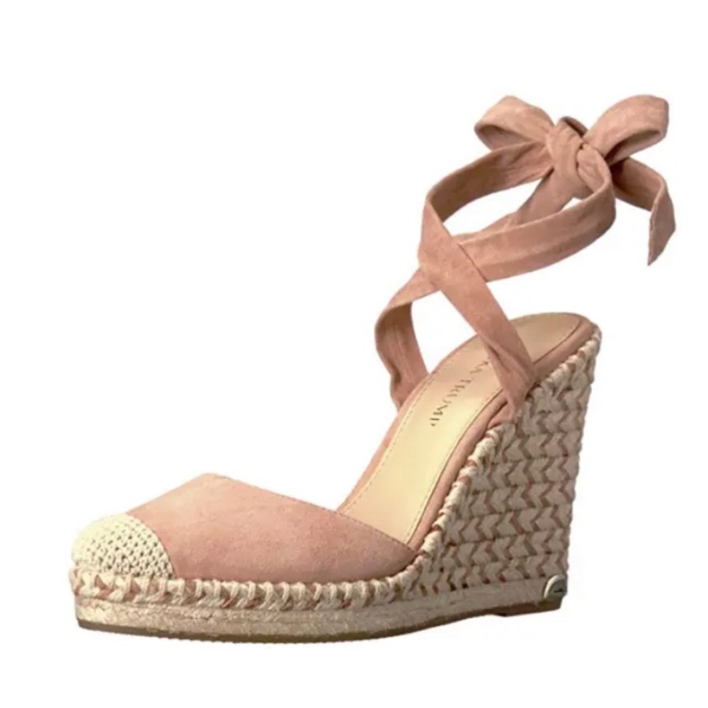 Ivanka Trump Blush Pink Suede Espadrille Wedge Sandals with Ankle Wrap